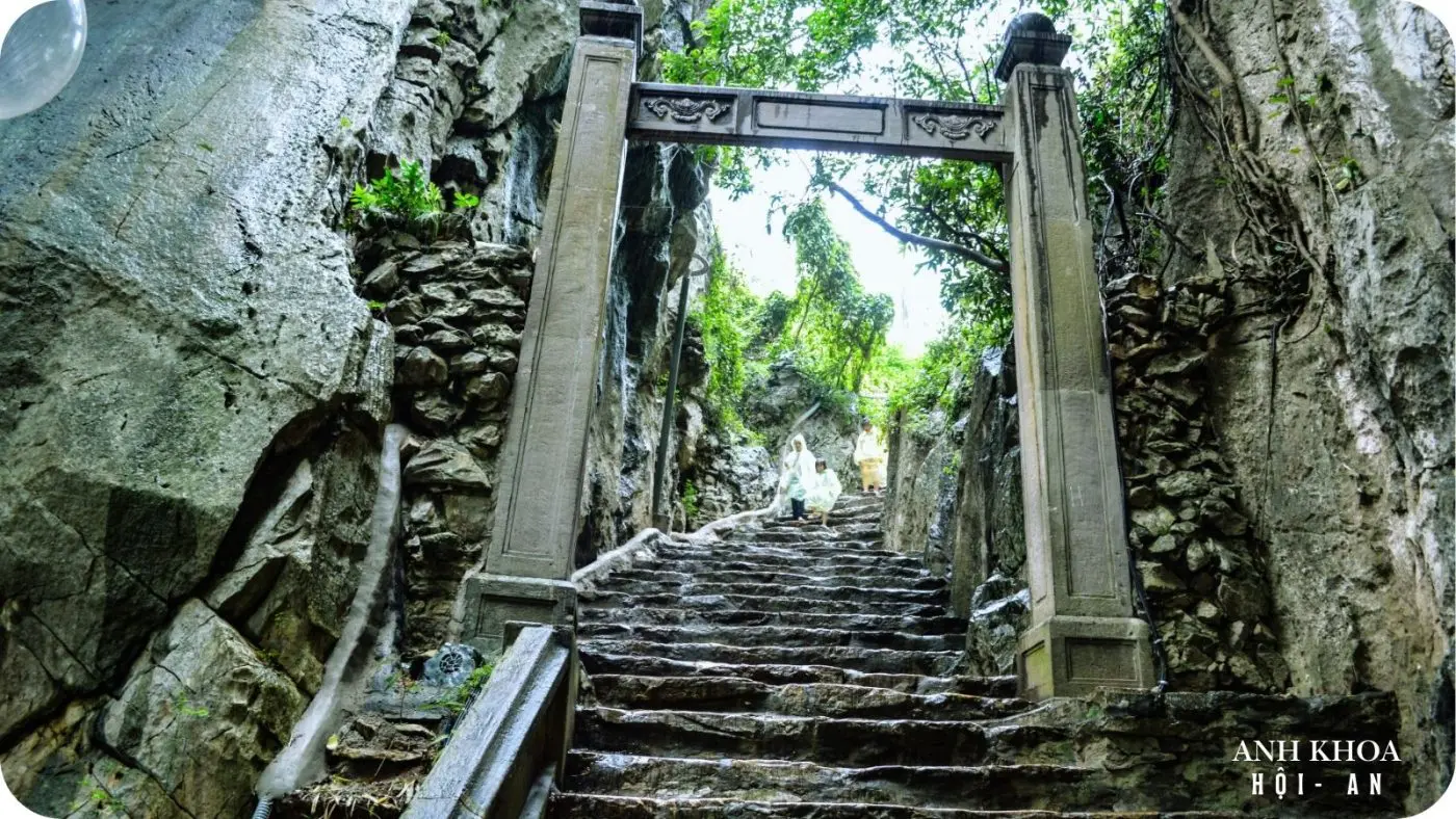 Hoi an to da nang motorbike route with a stop at marble mountains for caves, pagodas, and viewpoints.