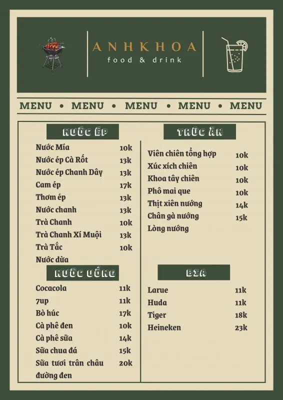 menu a4 | Anh Khoa Company | Scooter Rental Hoi An | hoianit.com