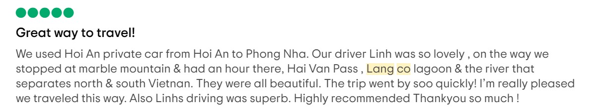guest review booked the car from hoi an to lang co beach