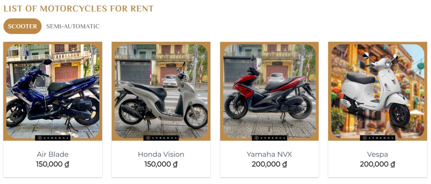 price list hoi an motorbike rental