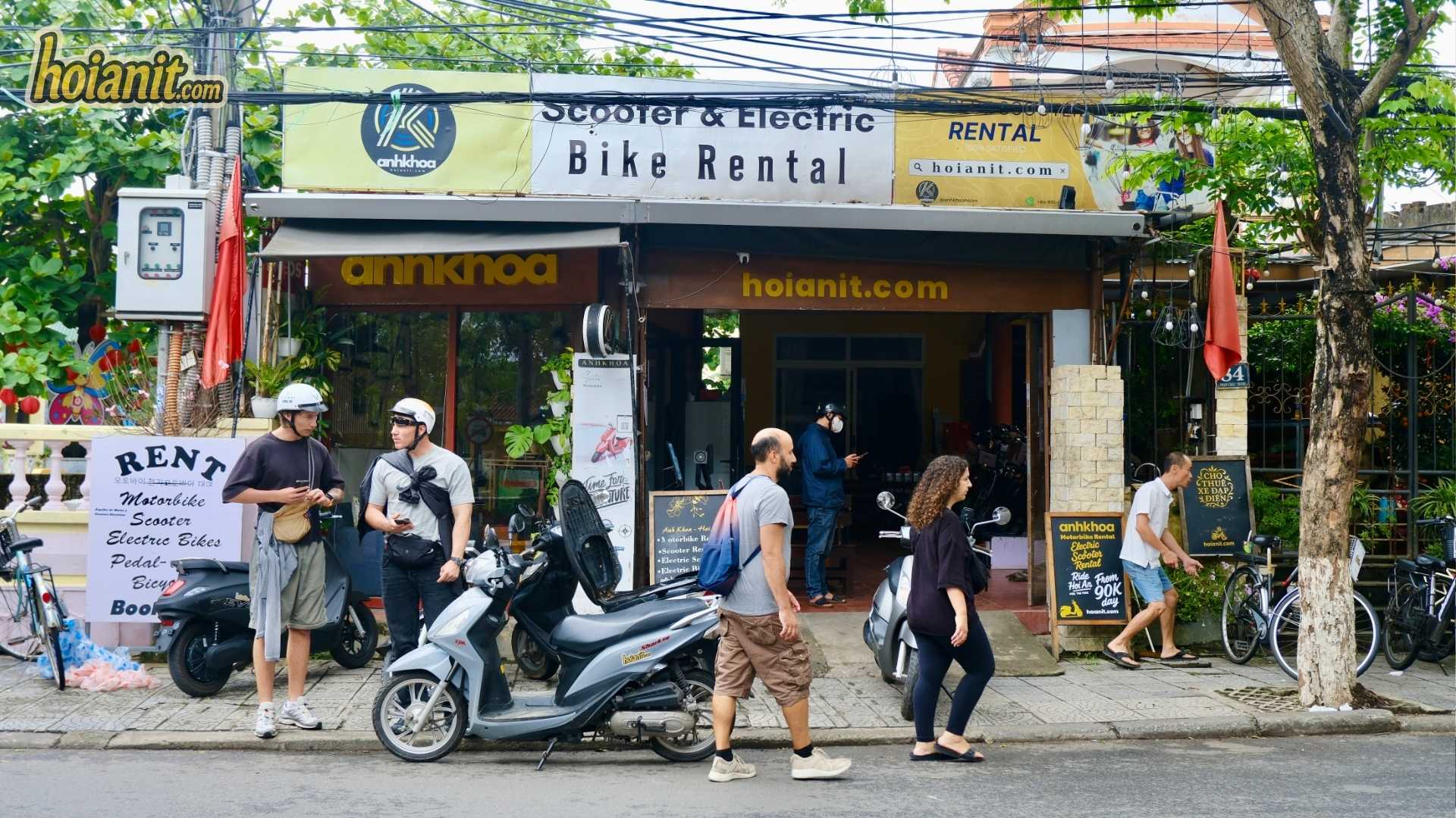Scooter and electric bike rental shopfront in Hoi An Old Town