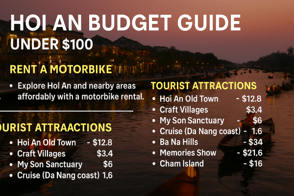 Hoi An budget travel guide under $100 with tips on motorbike rental and a list of top tourist attractions including Old Town, My Son Sanctuary, Cham Island, Ba Na Hills, and more.