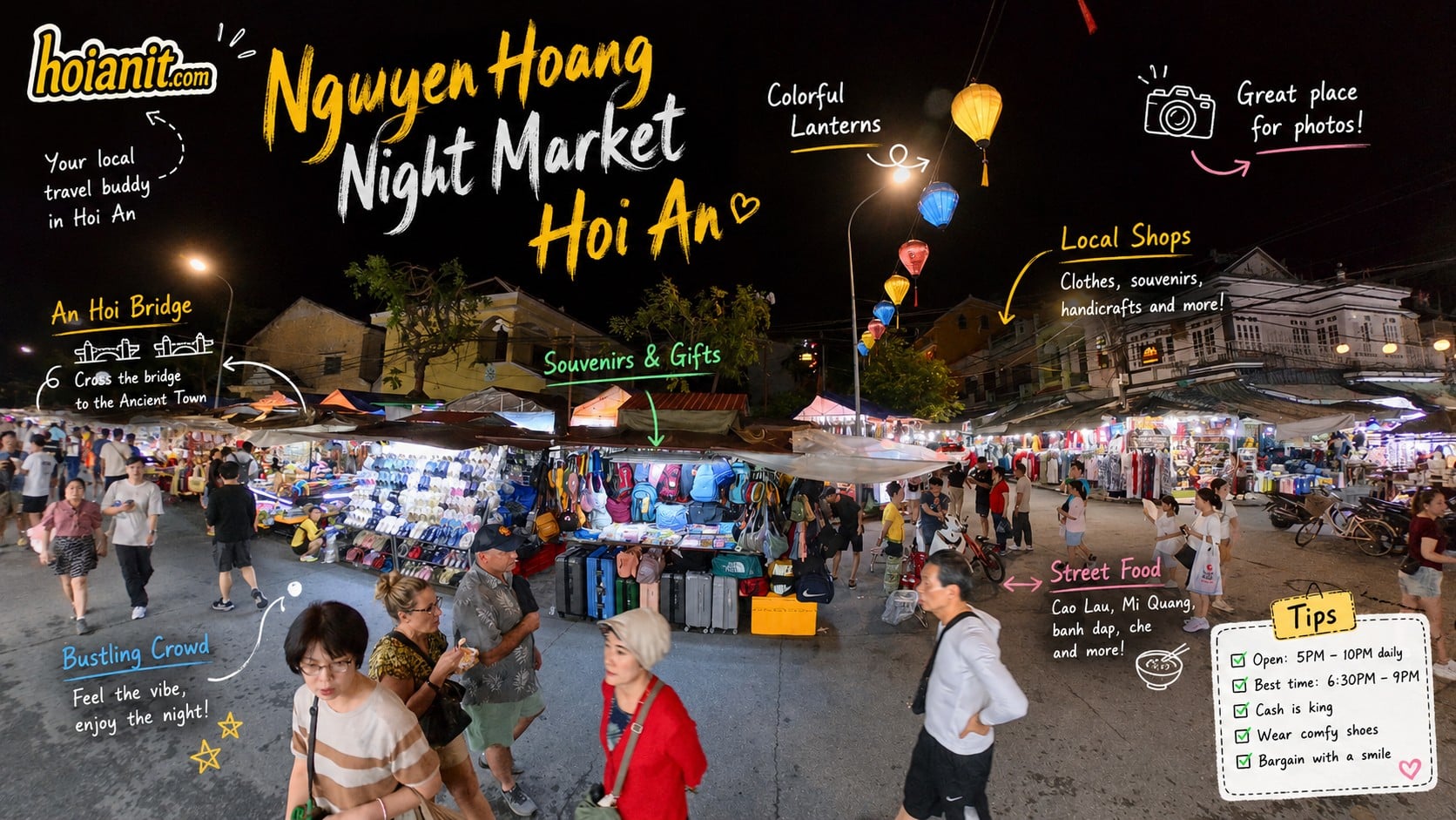 The Hoi An Night Market lit up with lanterns after dark