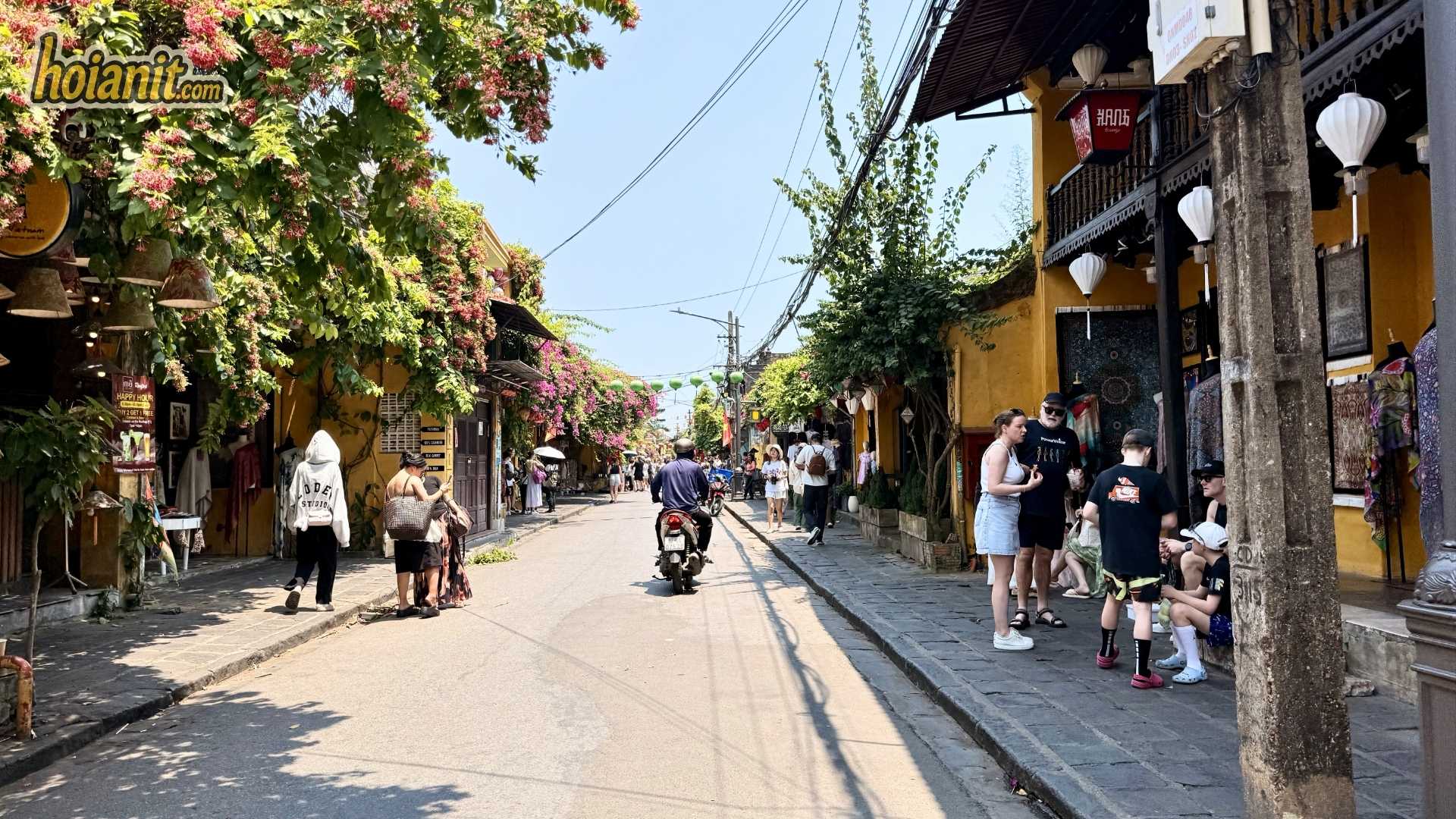 Old Town street with bougainvillea and walking visitors in Hoi An