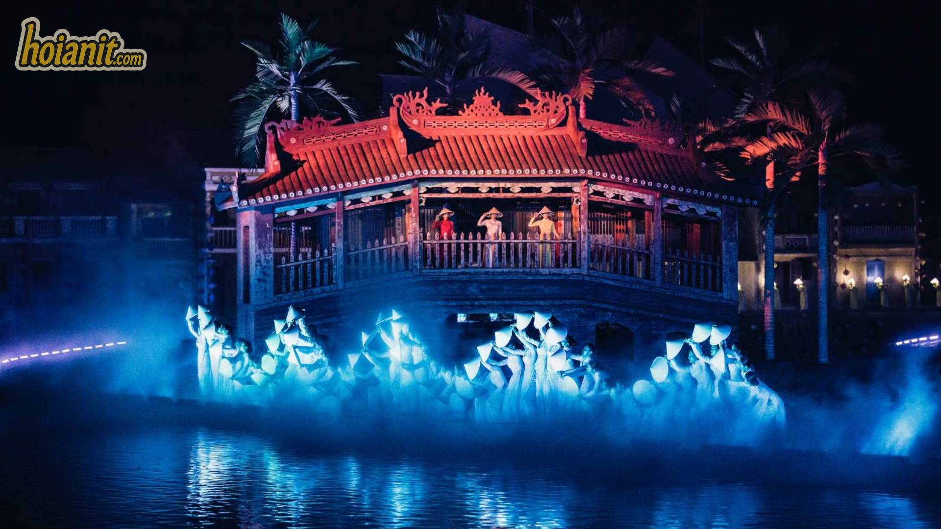 The replica Japanese Covered Bridge lit red during the Hoi An Memories Show