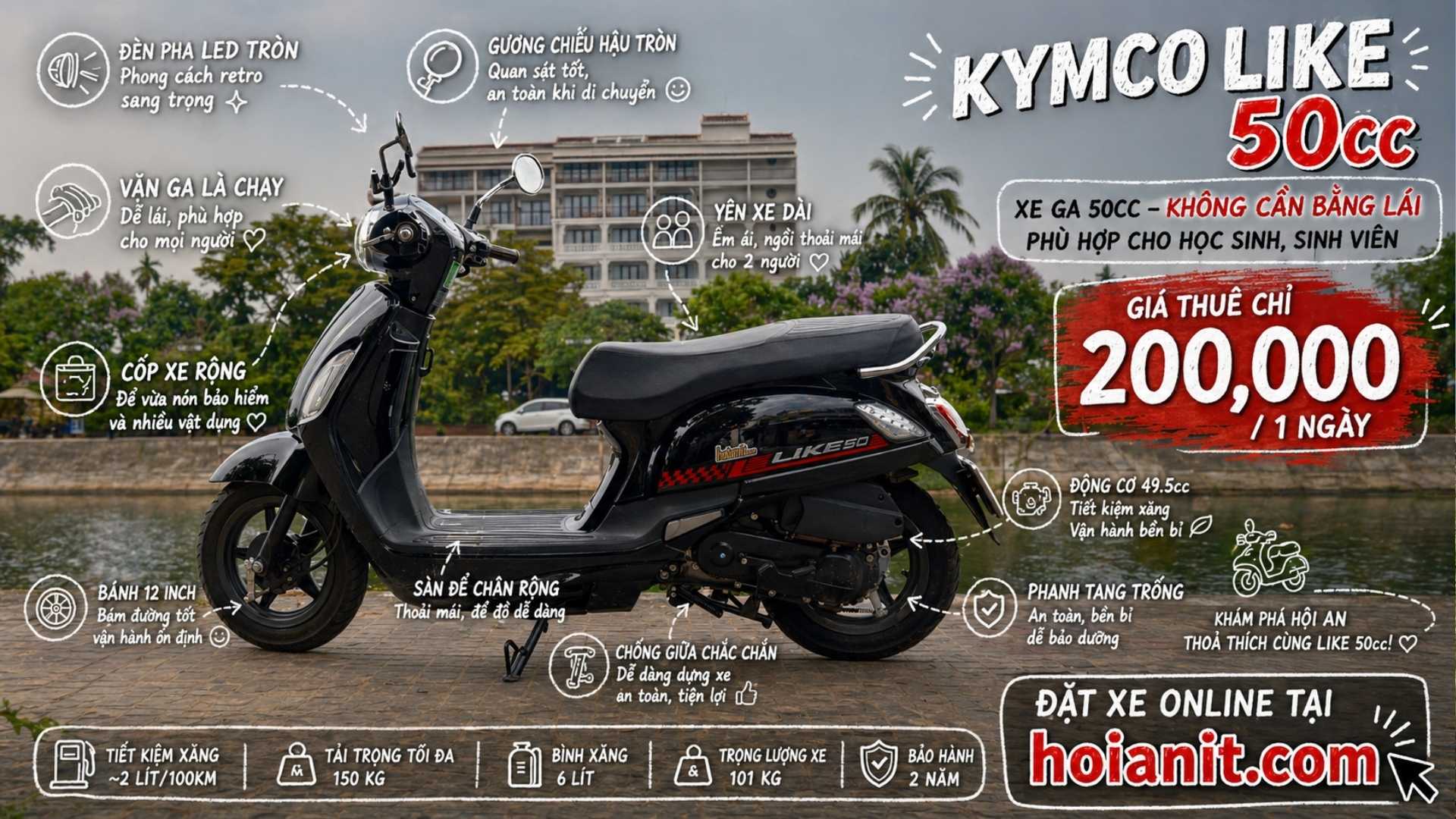 Thue Xe KYMCO LIKE 50cc Hoi An Kymco Like 50cc Hội An – Không Cần Bằng Lái