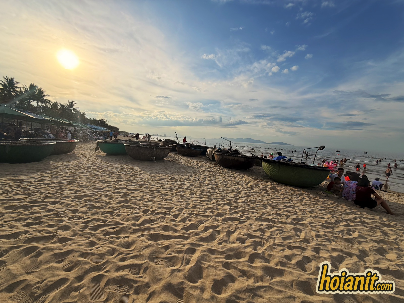 Basket boats pulled up on An Bang Beach Hoi An in late afternoon light