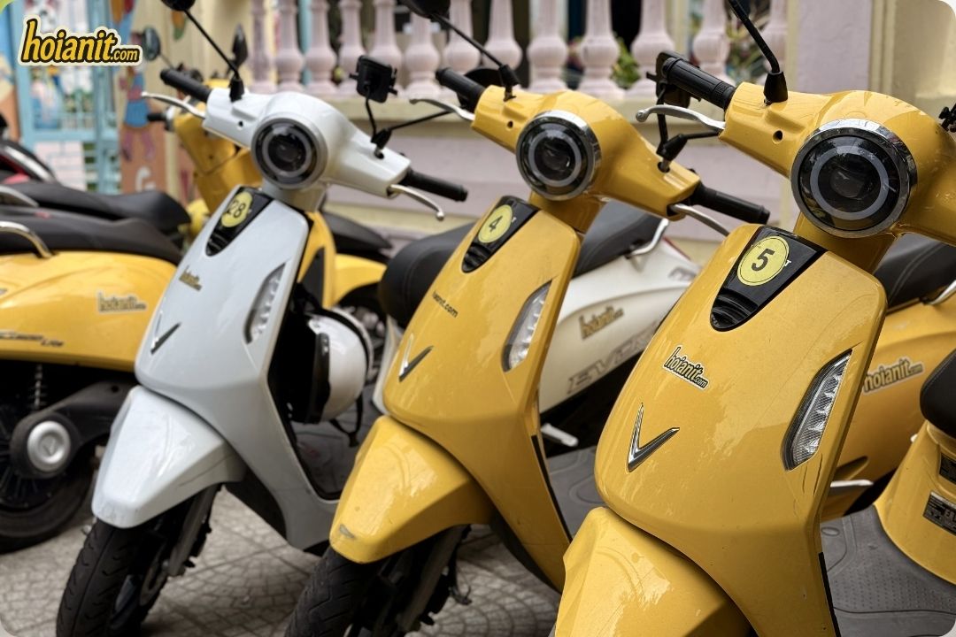 Numbered yellow and white VinFast electric scooters in the Anh Khoa fleet in Hoi An