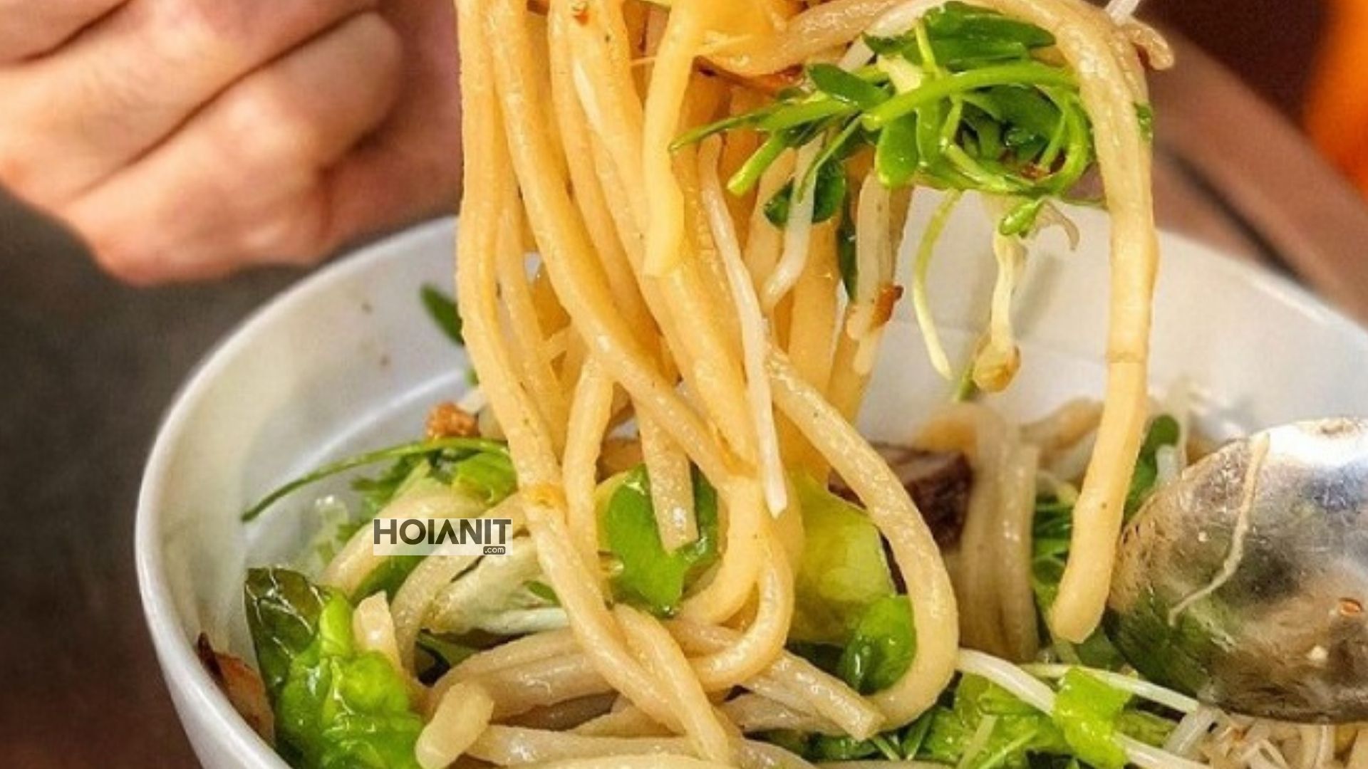 Close-up of thick chewy cao lau noodles being lifted from the bowl