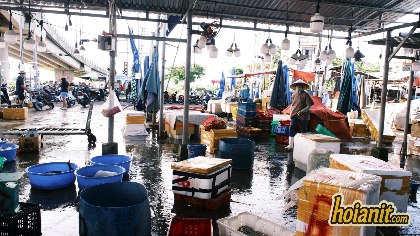 cho ca thanh ha hoi an2 Khu chợ cá Thanh Hà lúc gần tan buổi, thau nhựa và thùng xốp còn lại trên nền ướt