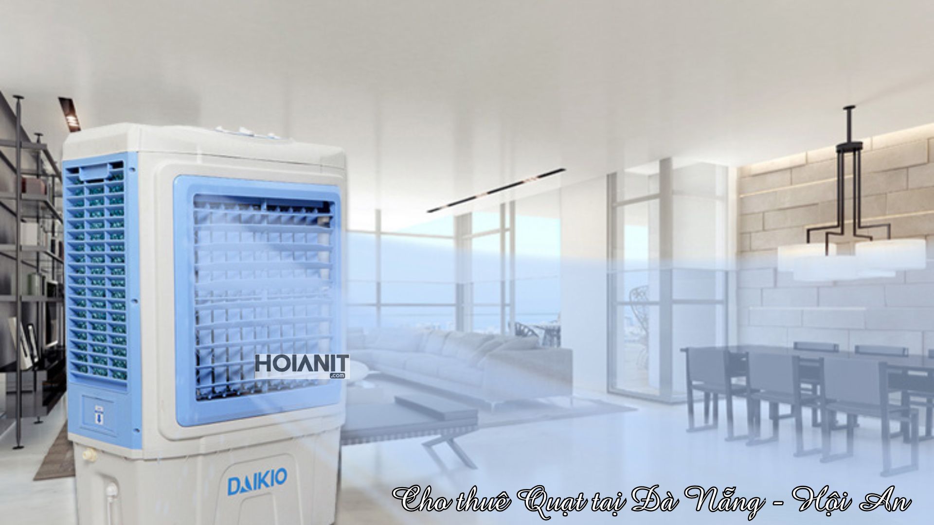 Quạt hơi nước Daikio đặt trong không gian phòng khách rộng