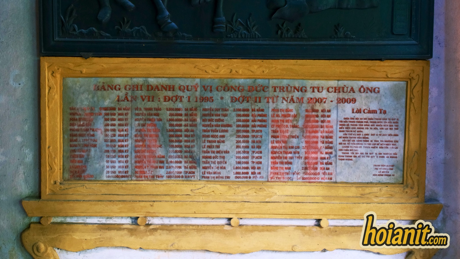chua ong8 Bảng ghi danh công đức trùng tu chùa Ông Hội An năm 1995 và 2007–2009