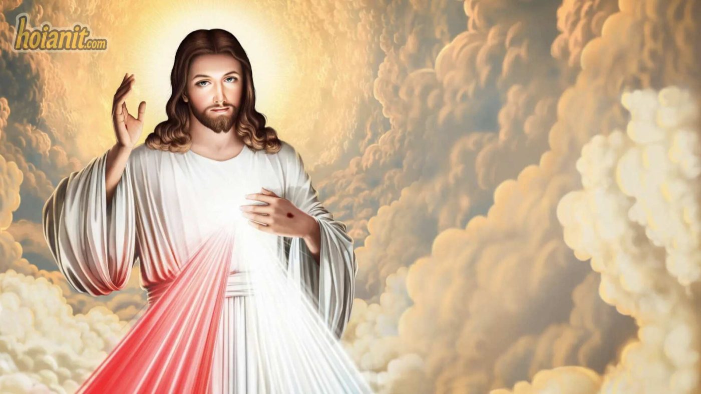 Ảnh Lòng Chúa Thương Xót với hai luồng sáng đỏ và trắng