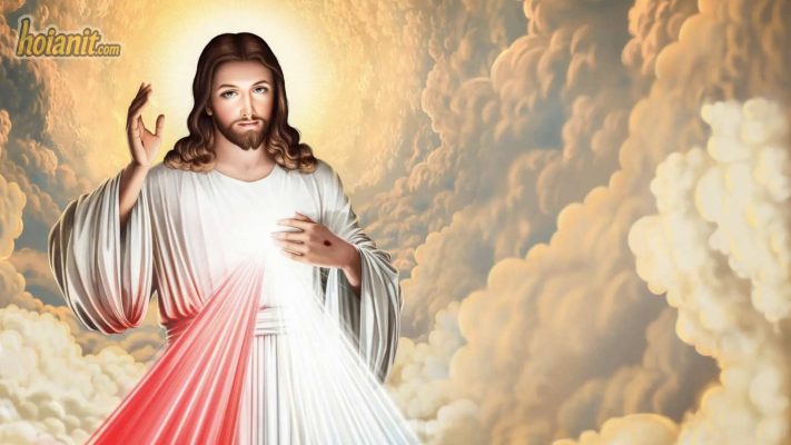 Ảnh Lòng Chúa Thương Xót với hai luồng sáng đỏ và trắng