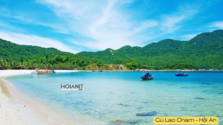 Cham Island Cu Lao Cham turquoise bay with boat