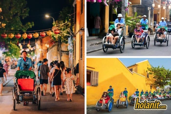 Cyclo driver pedalling through a lantern-lit evening street and groups of cyclos carrying visitors in Hoi An