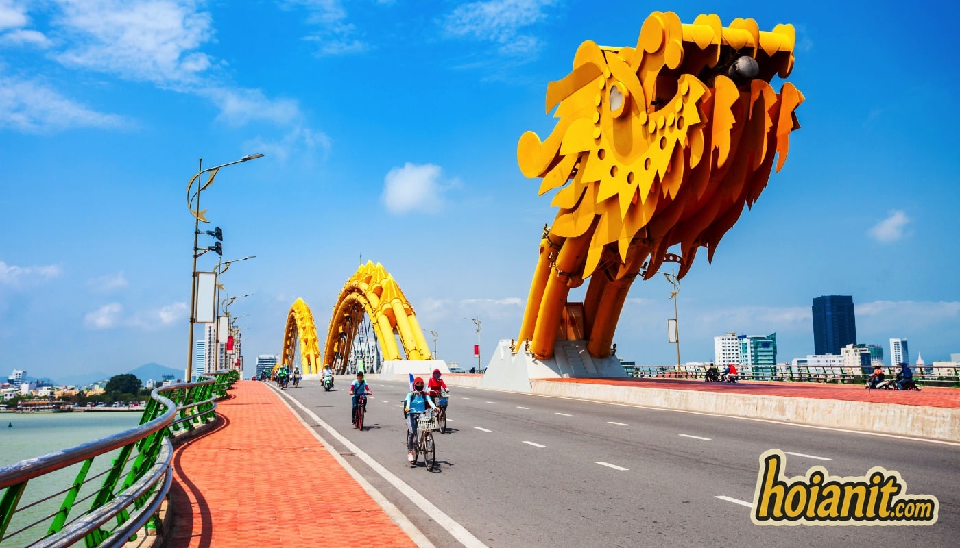Dragon Bridge Da Nang seen from the deck with the dragon head raised at the east end