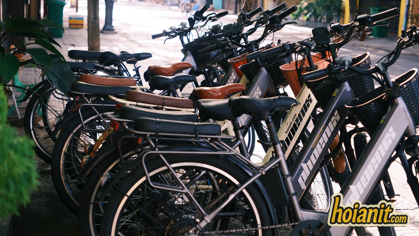 electric bicycle rental hoi an fleet lineup Dãy xe đạp điện cho thuê của Anh Khoa Hội An dựng thành hàng
