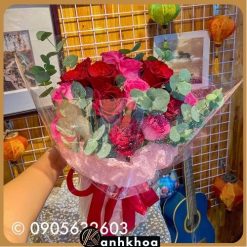 bó hoa hồng tông đỏ hồng hội an