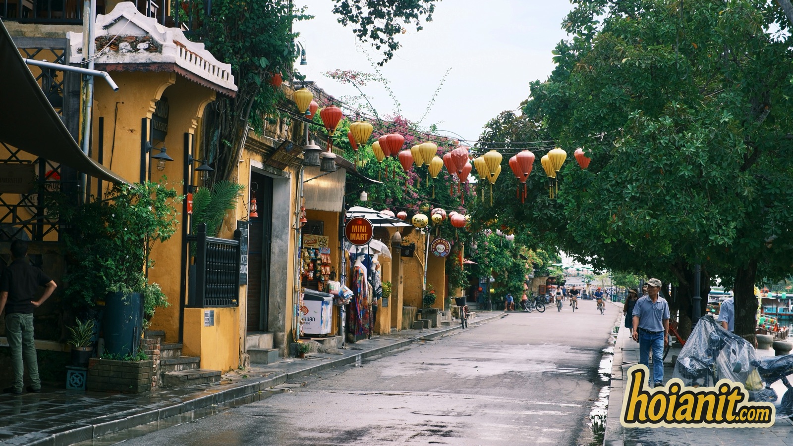 Quiet Ancient Town street with lanterns early in the morning, the coolest time of day in Hoi An in summer
