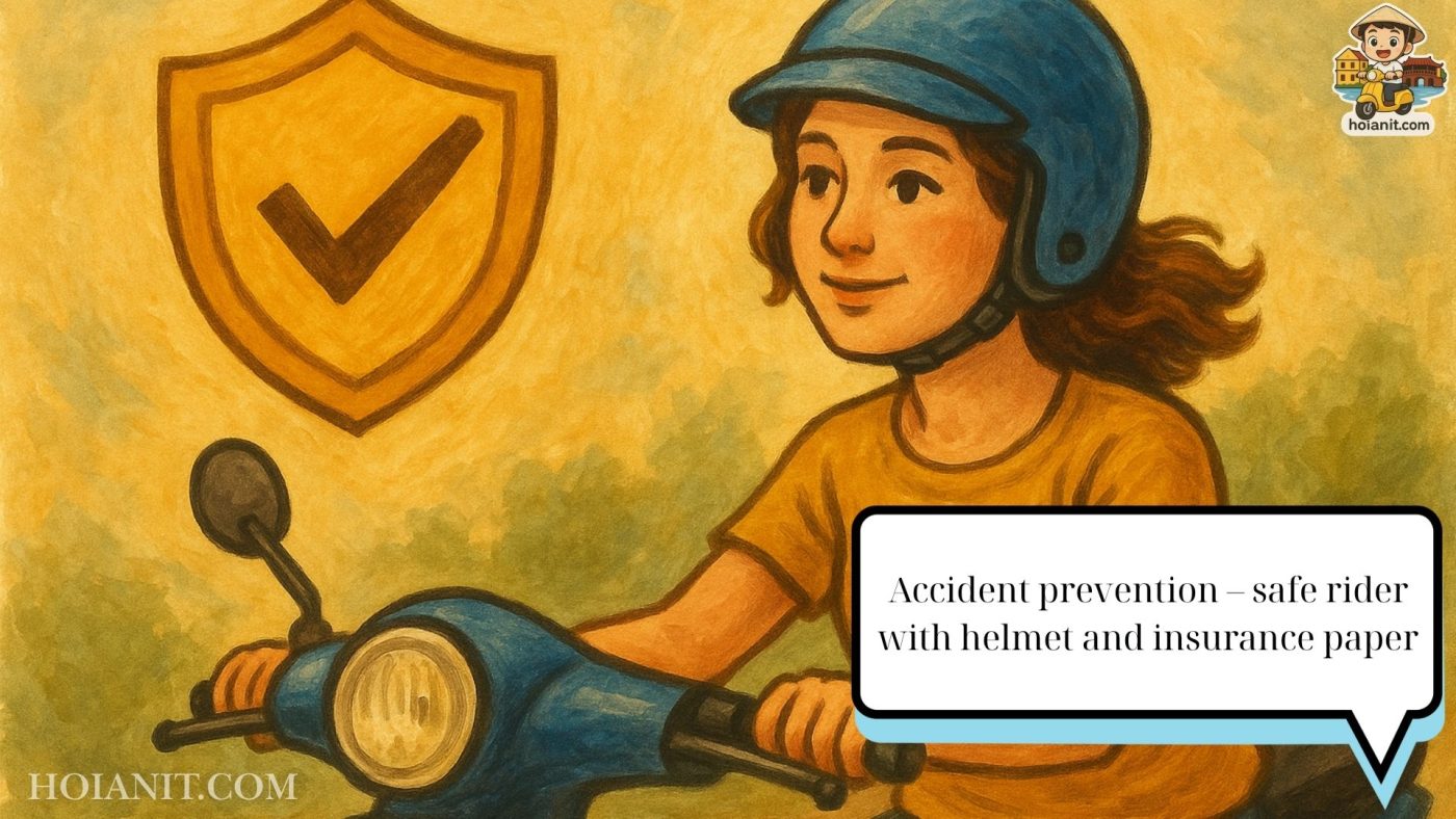 motorbike insurance 1 A confident motorcyclist giving a thumbs-up while riding through a stylized, bold poster scene with a large protective shield in the background.