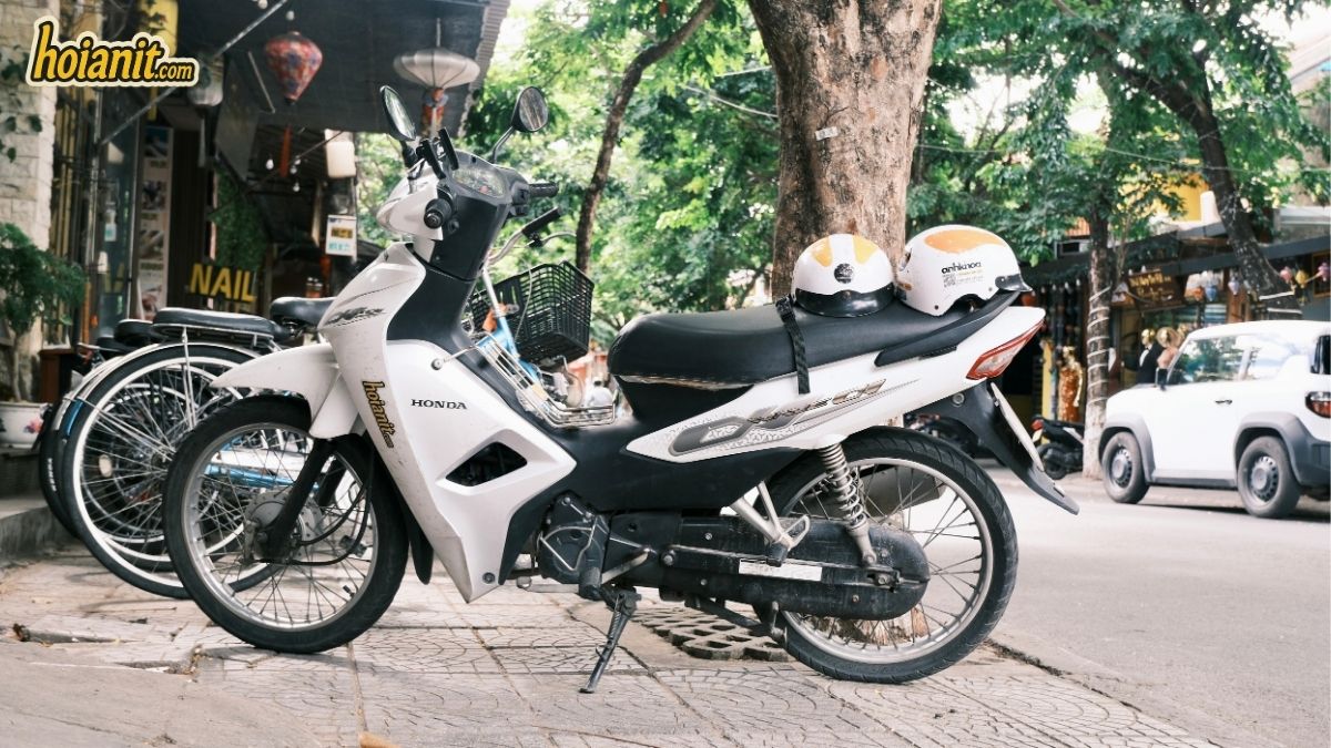 Motorbike insurance Hoi An — rental bike with helmets ready to ride at Anh Khoa