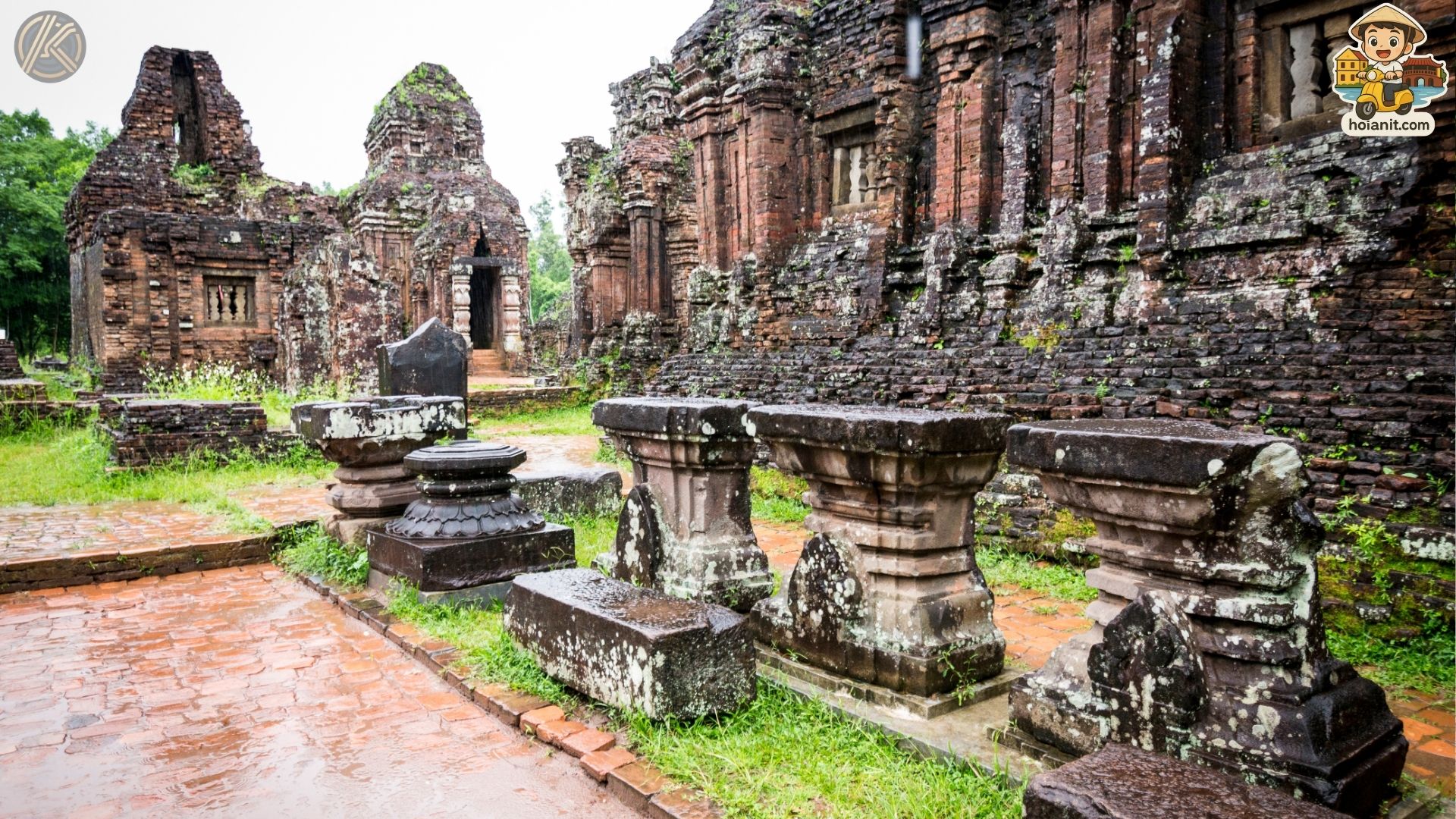 My Son Sanctuary in the rain, reachable by shuttle bus from Hoi An