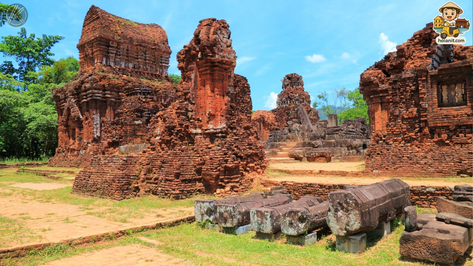 Collapsed Cham towers and fallen sandstone lintels at My Son after the 1969 bombing