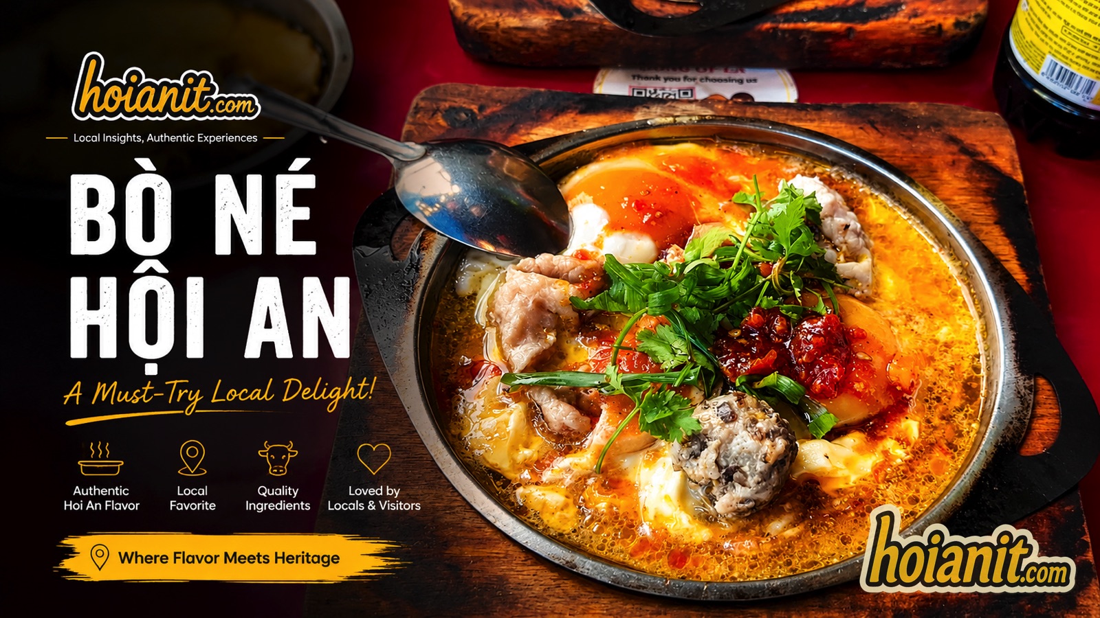 Sizzling cast-iron plate of bo ne with egg, tomato sauce and herbs in Hoi An
