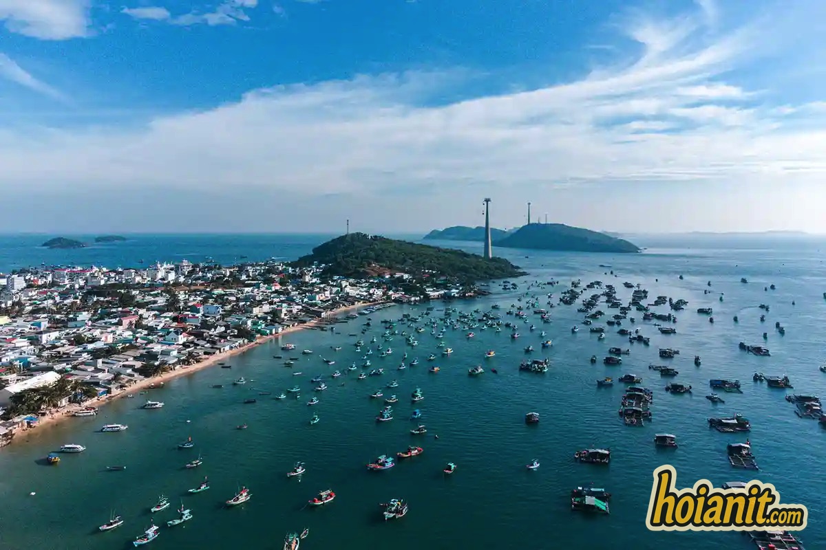 Hoi An to Phu Quoc: aerial view of the island harbour, fishing boats and the over-sea cable car
