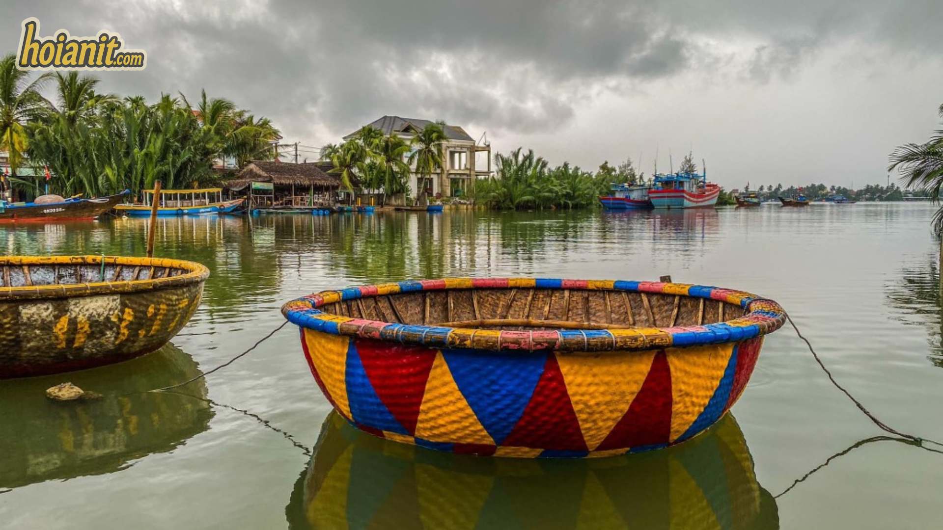 ru%CC%9B%CC%80ng du%CC%9B%CC%80a ba%CC%89y ma%CC%82%CC%83u ho%CC%A3%CC%82i an Thúng chai sọc màu đậu trên sông ở rừng dừa Bảy Mẫu Cẩm Thanh